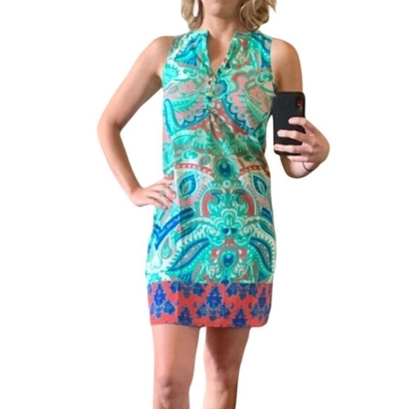 Tracy Negoshian XS Sleeveless Colorful Paisley Print Shift Dress Gold Buttons - Picture 12 of 12